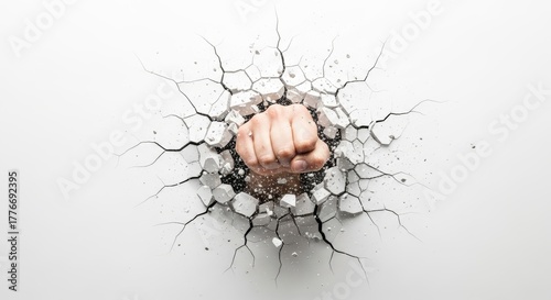 fist busting or breaking through a wall on a solid white background, action photo