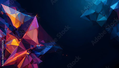 Dynamic abstract crystal shards burst with vibrant purple, pink, and golden light, creating a modern, energetic, and visually stunning backdrop for tech and design.