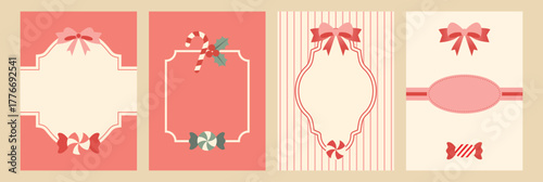 Retro Christmas candy frame with holly leaf, peppermint, and ribbon bow – vintage greeting card template for holiday celebration