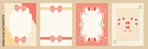 Christmas gift card border with bow ribbon and candy cane pattern – festive pastel background for holiday invitation or message template