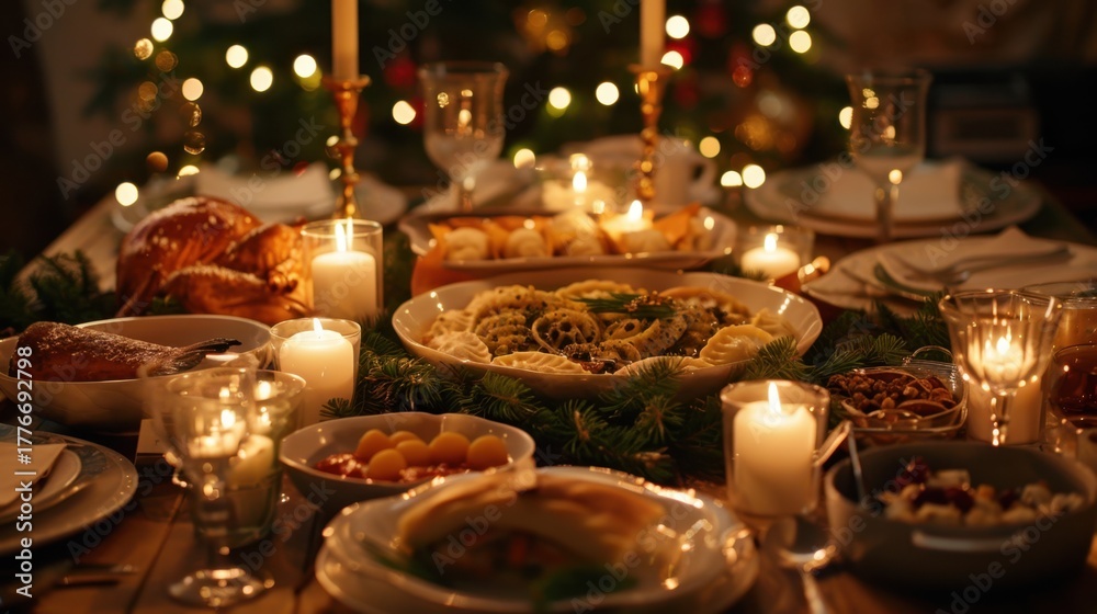 Naklejka premium Festive dining table with holiday decorations and candlelight