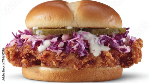 Spicy Chicken Sandwich. Crispy chicken sandwich with coleslaw, pickles, and sauce on a soft bun