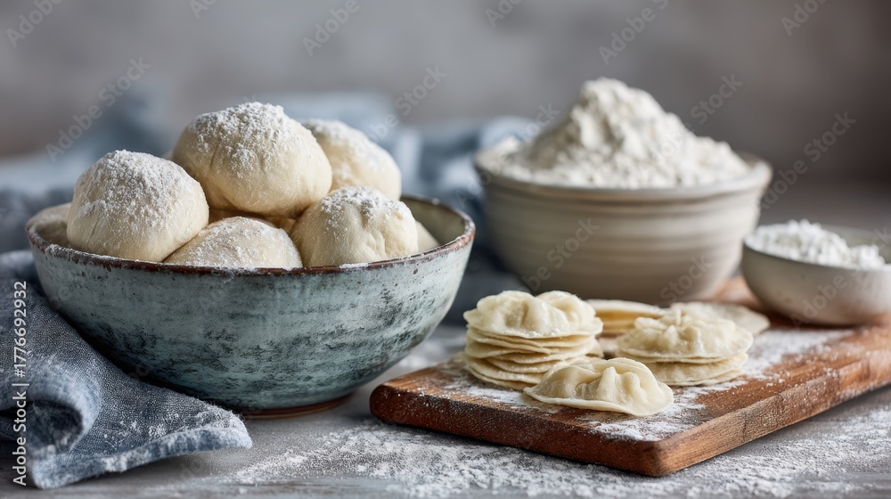 Fototapeta premium Rustic dumplings and powdered flour on wooden board in cozy kitchen setting