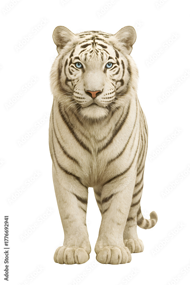 Naklejka premium Majestic white tiger with striking blue eyes standing proudly on a clean white background