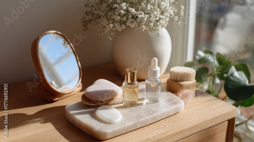 Elegant vanity setup with skincare bottles and mirror on wooden table