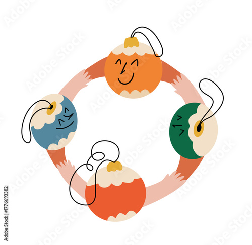 Dancing Christmas baubles forming a joyful round dance, bright festive ornaments with smiling faces, sparkling lights, and cheerful holiday mood.