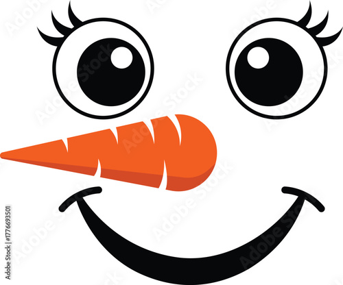 Cute snowman face with carrot nose and smiling eyes – Christmas snowman cartoon vector