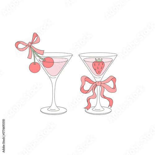 Cute Romantic Vintage Coquette Cherry Strawberry Martini Clipart Set, Retro Girly Valentine Day Illustration for Scrapbooking and Stickers