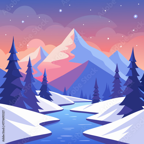 Serene winter landscape with snow covered mountains and flowing river at dusk