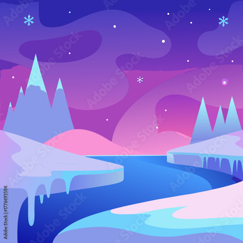 Whimsical winter landscape with icy river and snowfall under a purple sky