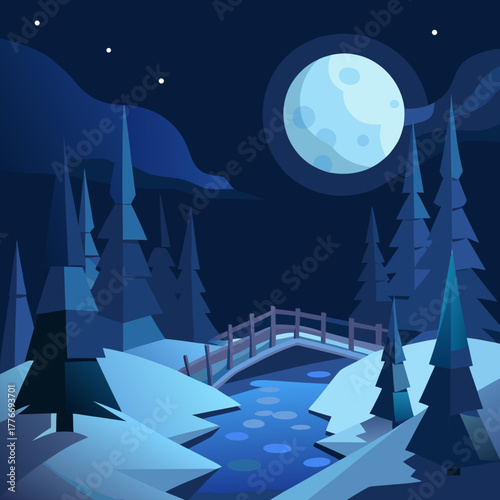 Serene winter night scene with a full moon over a snowy forest and bridge