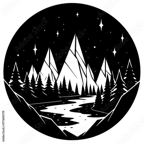 Stylized nighttime mountain landscape with river and starry sky