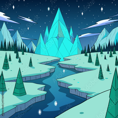 Enchanting winter landscape with crystal mountains and flowing river under starlit sky