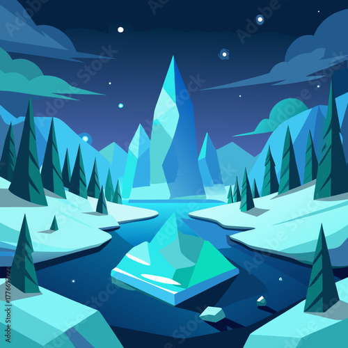 Vibrant geometric arctic landscape under a starry night sky