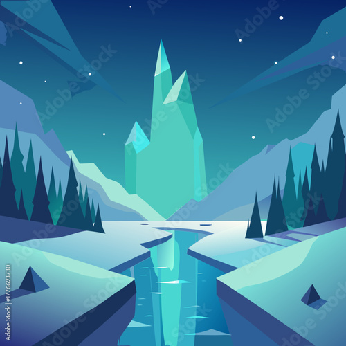 Stylized winter landscape with crystal mountains and frozen river under a starry sky