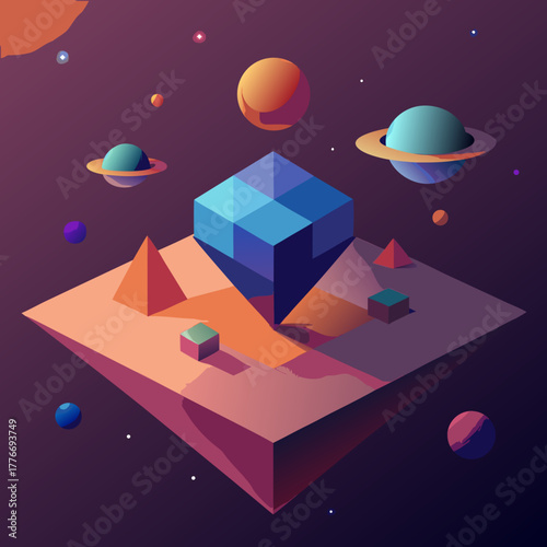 Geometric abstract space landscape with floating islands and planets