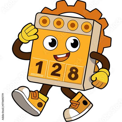 Joyful cartoon calendar character with gear and numbers 1 2 8