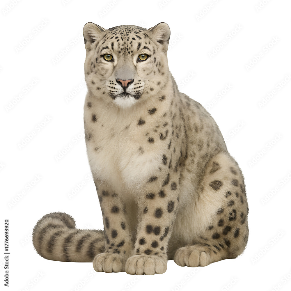 Fototapeta premium Snow Leopard Sitting Elegantly Captivating Wildlife Portrait on White Background