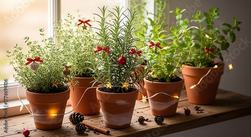 Christmas herbs potted indoor: rosemary, thyme, mint, holiday decorations and lights on a wooden windowsill