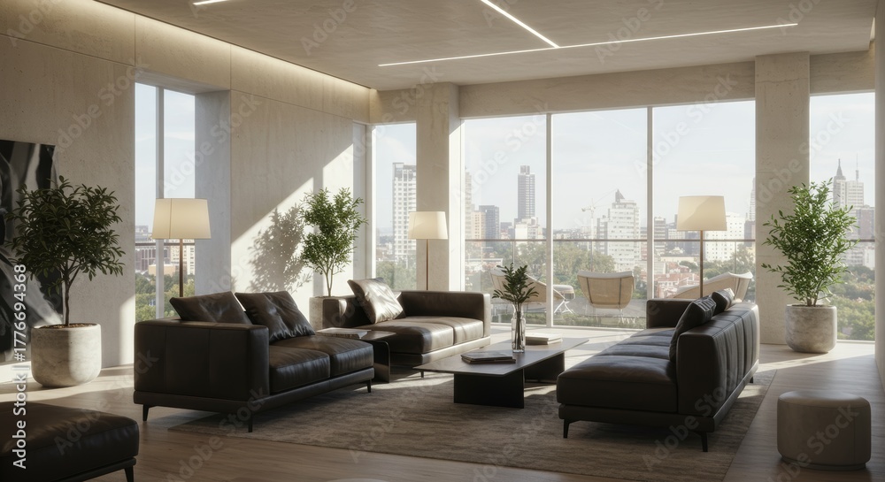 Fototapeta premium Modern Minimalist Living Room with City View and Natural Light