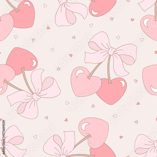 Retro Romantic Coquette Soft Pink Heart Shaped Cherry with Bow Seamless Pattern, Girlish Vintage Valentine Day Background for Textile and Wrapping Paper