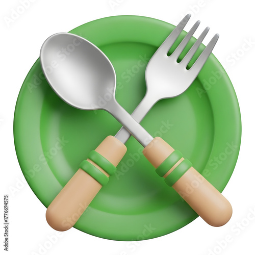 3d icon of 3d rendering of plate with crossed fork and spoon isolated on transparent background