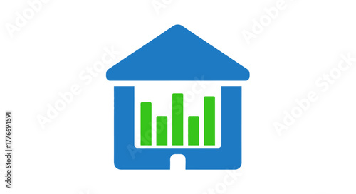 Blue house icon featuring a chart graphic inside the structure
