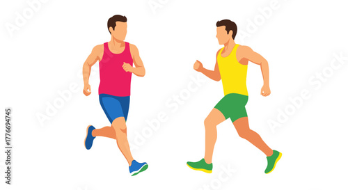 Two athletic men running depicted in a simple colorful illustration style