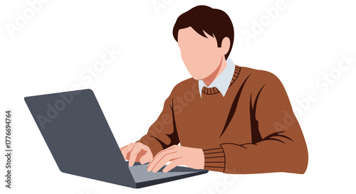 Man working on a laptop computer illustrated in a simple vector style