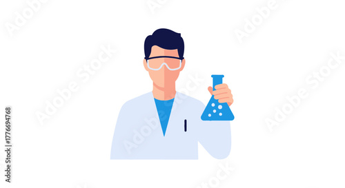 A scientist in a lab coat holding a blue liquid flask
