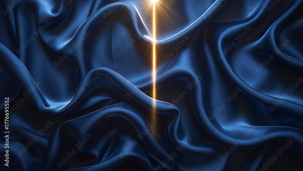 Obraz premium Blue Silk Fabric Texture with Golden Light, Abstract Luxury Background