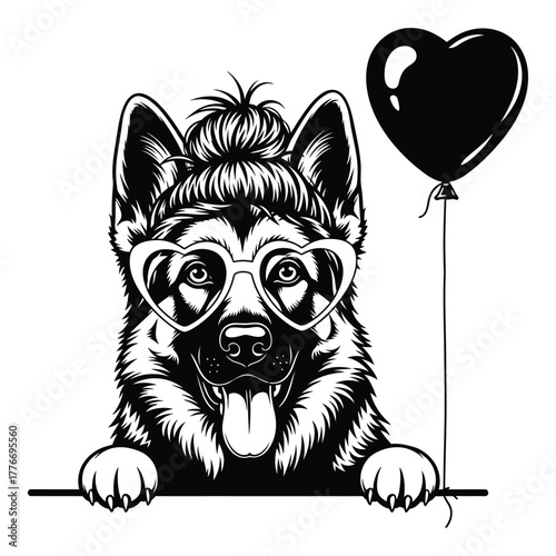 German shepherd with heart glasses and balloon