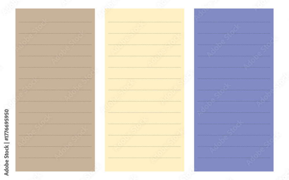 Obraz premium Three colored sticky note paper sheets dotted lines on each sheet