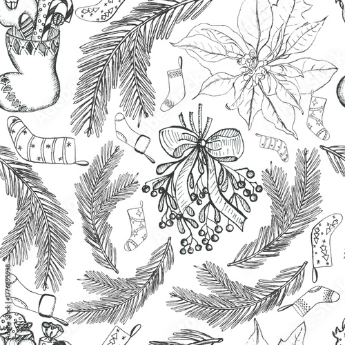 Seamless Pattern with Poinsettia and Fir Branches
