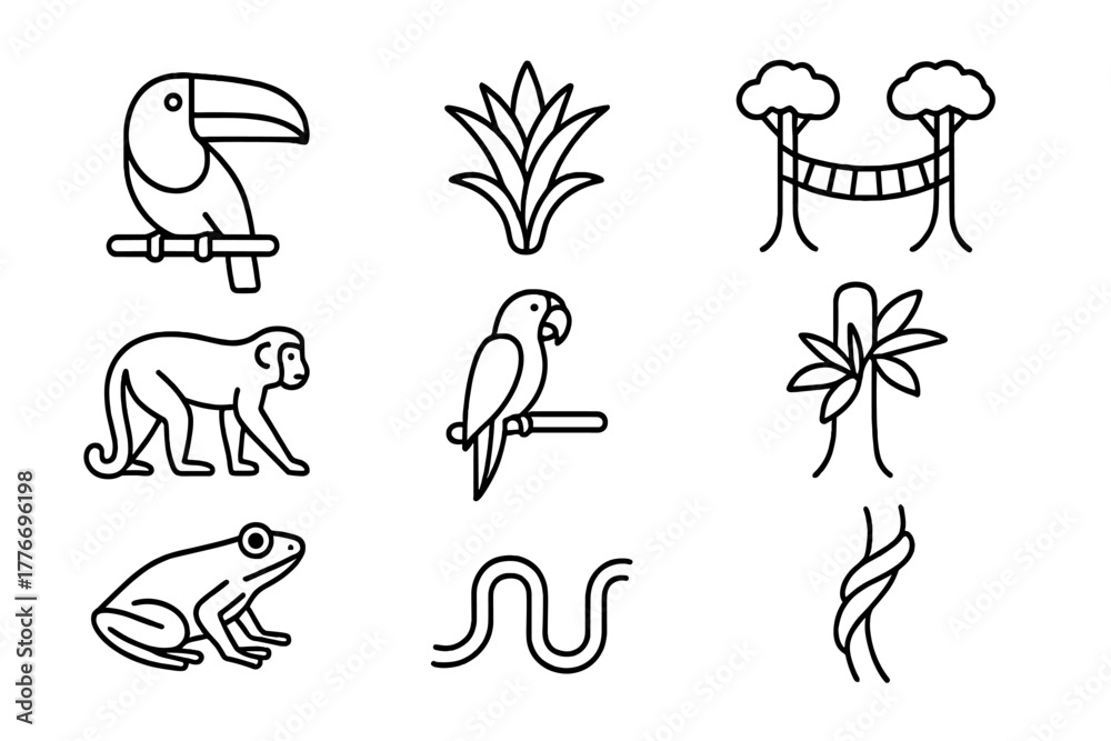 Obraz premium Rainforest Canopy Icons. Line style icons of Rainforest Canopy: Toucan, Bromeliad, Canopy Walkway, Howler Monkey, Macaw, Epiphyte,