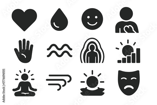 Emotional Icons Set. Solid style icons of Emotional processing: heart symbol, tear drop, smiling face, hand over chest, release