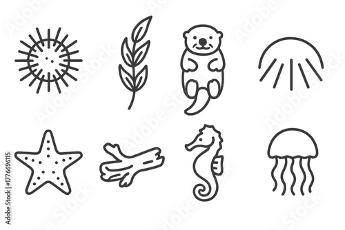 Kelp Forest Icons. Line style icons of Kelp Forest: Sea Urchin, Kelp Frond, Sea Otter, Sunbeam, Starfish, Driftwood, Seahorse,