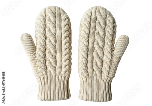 Pair of creamcolored cable knit mittens with thumb, isolated on transparent background