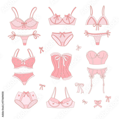 Vintage Romantic Coquette Feminine Lingerie Clipart Set, Retro Girly Valentine Illustration for Scrapbooking and Stickers