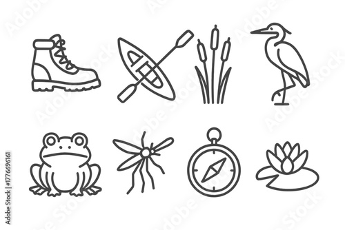 Adventure Marsh Icons. Line style icons of Adventure Marsh: Hiking Boots, Canoe, Reeds, Heron, Frog, Mosquito, Compass, Water Lily