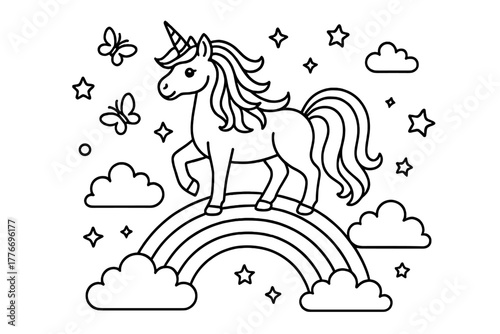 Unicorn on Rainbow. Magical unicorn with flowing mane standing on a rainbow among clouds, stars, and butterflies, black and white