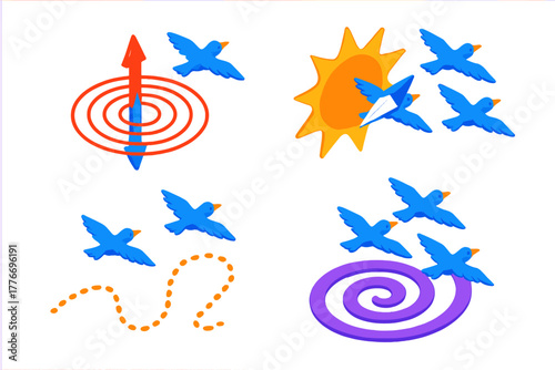 Vibrant Navigation Icons. Isometric vector illustration set Migratory Group Navigation: Magnetic field line, solar compass overlay