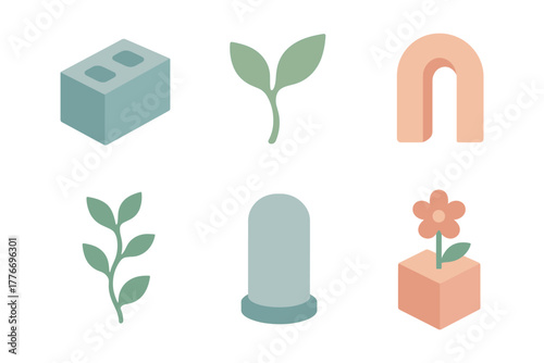 Minimalist nature and architecture icons in soft pastel hues