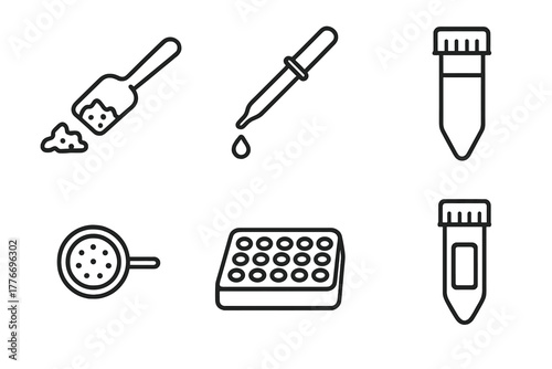 Sample Prep Icons. Line style icons of Sample Preparation for Mass Spec: solid sample scoop, solvent pipette, centrifuge tube,