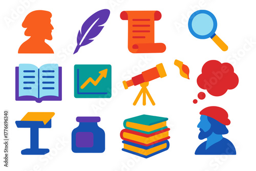 Renaissance Icon Set. Flat vector icons of Renaissance cryptographers and scholars: silhouette, quill pen, scroll, magnifying
