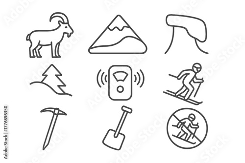 Wildlife Avalanche Icons. Line style icons of Wildlife Avalanche: Mountain Goat, Snowpack, Cornice, Buried Tree, Rescue Beacon,