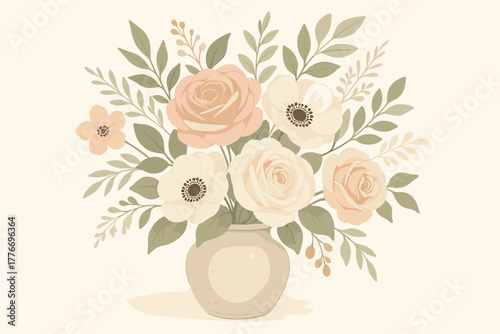 Timeless Floral Arrangement. Elegant floral arrangement in a rustic ceramic vase, soft pastel tones, natural light, vector