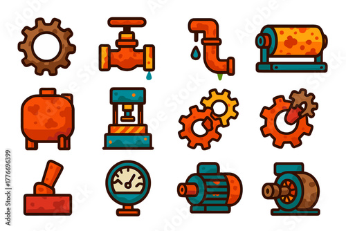 Forgotten Machinery Icons. Flat vector icons of Forgotten Machinery: old gear, leaking valve, rusted pipe, conveyor roller,