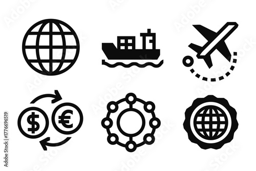 Global logistics and finance icons in bold black style