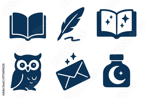 Magic and wisdom icons set: owl, quill, book, potion, and envelope in flat style
